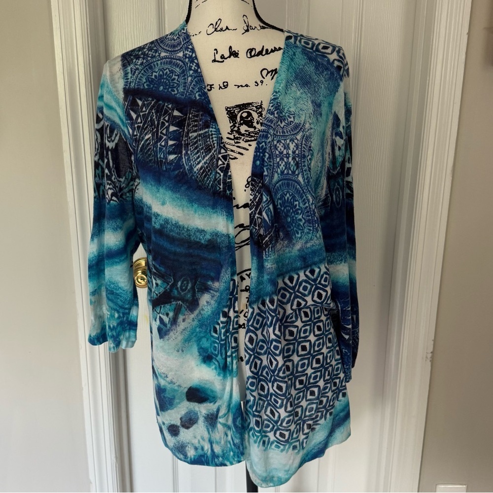 Chico's Blue Watercolor Open Front Cardigan Size 3/XL‎ Thin Lightweight Linen